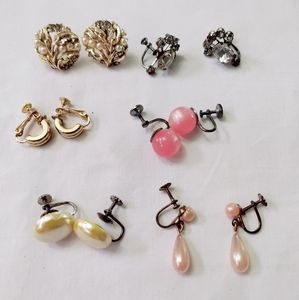 Vintage Screw Back Earrings Lot of 6 Dangle Button Rhinestone Lucite Metal